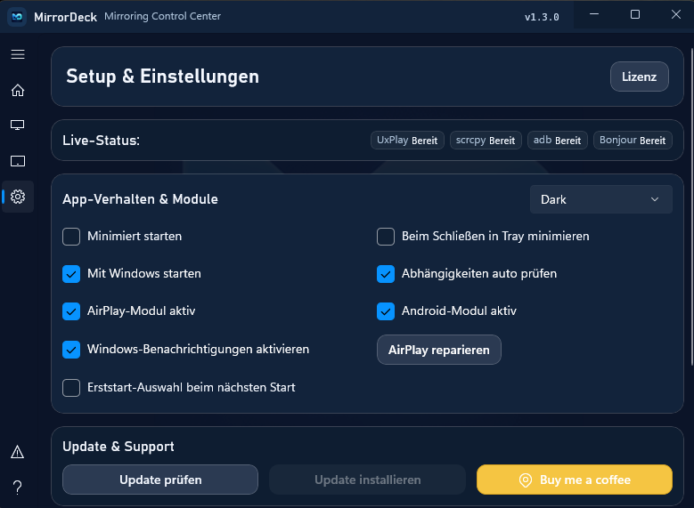 MirrorDeck Einstellungen dunkel